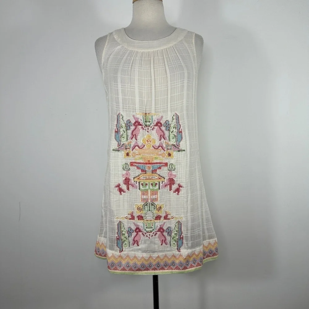 Y2K Da-Nang White Boho Sleeveless Cotton Embroidery Beaded Shift Dress Size S - Picture 2 of 15